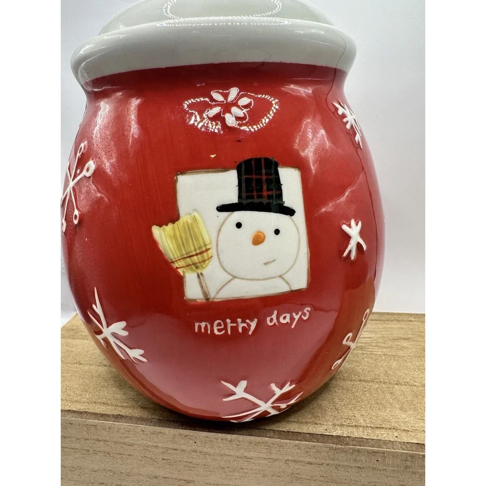 Hallmark Merry Days Red Ceramic Cookie Jar & Lid Snowman & Snowflakes 7.5